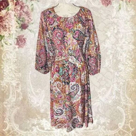 Vintage 1980s Paisley Midi Dress Boho Floral Long Sleeve Back Sash Tie - Picture 10 of 10